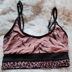 BEACH RIOT Eva Swim Top Sports Bra Brown Black Tiger Cheetah Adjustable Strap